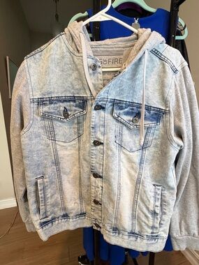 Ring of Fire Light Blue Denim Jacket with Gray Hoodie Sleeves